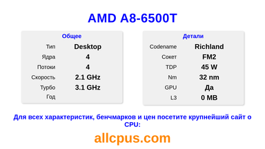 AMD A8-6500T Характеристики и бенчмарки CPU
