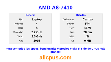 AMD A8-7410 Especificaciones y benchmarks de la CPU