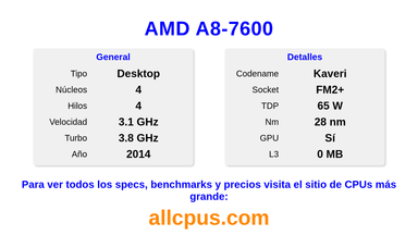 AMD A8-7600 Especificaciones y benchmarks de la CPU