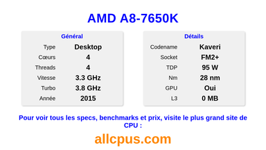 AMD A8-7650K Spécifications et benchmarks du CPU