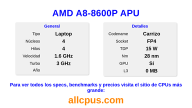 AMD A8-8600P APU Especificaciones y benchmarks de la CPU