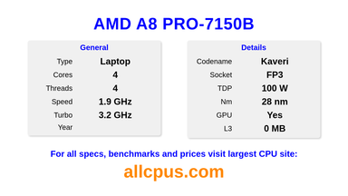 AMD A8 PRO-7150B CPU Specifications and Benchmark