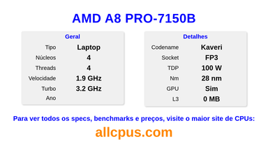 AMD A8 PRO-7150B Especificações e benchmarks da CPU