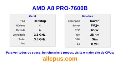 AMD A8 PRO-7600B Especificações e benchmarks da CPU