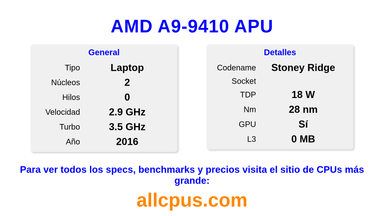 AMD A9-9410 APU Especificaciones y benchmarks de la CPU