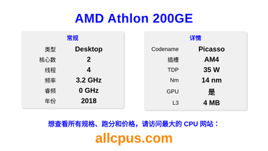 AMD Athlon 200GE CPU 规格和跑分
