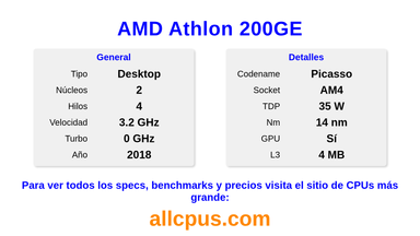 AMD Athlon 200GE Especificaciones y benchmarks de la CPU