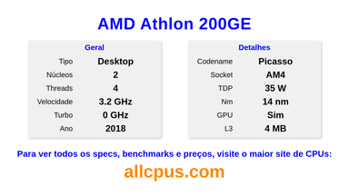 AMD Athlon 200GE Especificações e benchmarks da CPU
