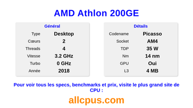 AMD Athlon 200GE Spécifications et benchmarks du CPU