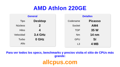 AMD Athlon 220GE Especificaciones y benchmarks de la CPU