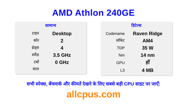AMD Athlon 240GE CPU की स्पेसिफिकेशन और बेंचमार्क