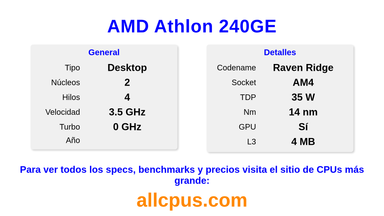 AMD Athlon 240GE Especificaciones y benchmarks de la CPU