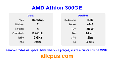 AMD Athlon 300GE Especificações e benchmarks da CPU