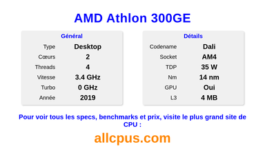 AMD Athlon 300GE Spécifications et benchmarks du CPU