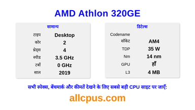AMD Athlon 320GE CPU की स्पेसिफिकेशन और बेंचमार्क