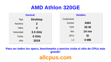 AMD Athlon 320GE Especificaciones y benchmarks de la CPU