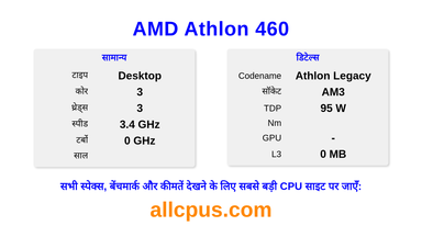 AMD Athlon 460 CPU की स्पेसिफिकेशन और बेंचमार्क