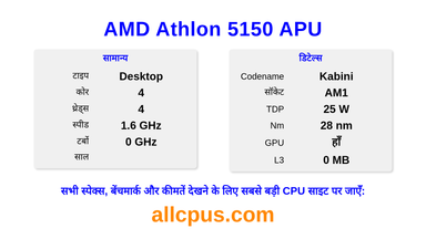 AMD Athlon 5150 APU CPU की स्पेसिफिकेशन और बेंचमार्क