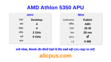 AMD Athlon 5350 APU CPU की स्पेसिफिकेशन और बेंचमार्क