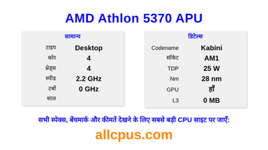 AMD Athlon 5370 APU CPU की स्पेसिफिकेशन और बेंचमार्क
