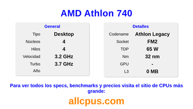 AMD Athlon 740 Especificaciones y benchmarks de la CPU