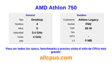 AMD Athlon 750 Especificaciones y benchmarks de la CPU