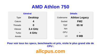 AMD Athlon 750 Spécifications et benchmarks du CPU