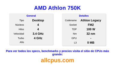 AMD Athlon 750K Especificaciones y benchmarks de la CPU