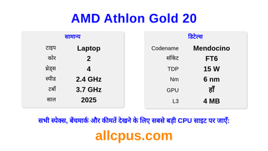 AMD Athlon Gold 20 CPU की स्पेसिफिकेशन और बेंचमार्क