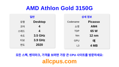 AMD Athlon Gold 3150G CPU 사양과 벤치마크