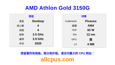 AMD Athlon Gold 3150G CPU 规格和跑分