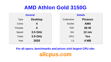 AMD Athlon Gold 3150G CPU Specifications and Benchmark