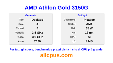 AMD Athlon Gold 3150G Specifiche e benchmark della CPU