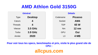 AMD Athlon Gold 3150G Spécifications et benchmarks du CPU