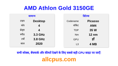AMD Athlon Gold 3150GE CPU की स्पेसिफिकेशन और बेंचमार्क