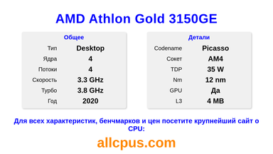 AMD Athlon Gold 3150GE Характеристики и бенчмарки CPU