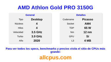 AMD Athlon Gold PRO 3150G Especificaciones y benchmarks de la CPU