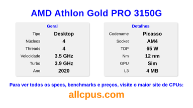 AMD Athlon Gold PRO 3150G Especificações e benchmarks da CPU
