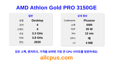 AMD Athlon Gold PRO 3150GE CPU 사양과 벤치마크