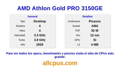 AMD Athlon Gold PRO 3150GE Especificaciones y benchmarks de la CPU