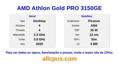 AMD Athlon Gold PRO 3150GE Especificações e benchmarks da CPU