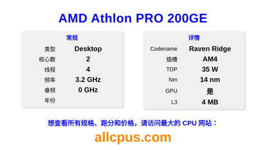 AMD Athlon PRO 200GE CPU 规格和跑分