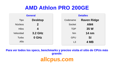 AMD Athlon PRO 200GE Especificaciones y benchmarks de la CPU