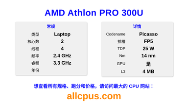 AMD Athlon PRO 300U CPU 规格和跑分