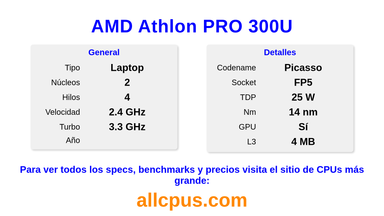 AMD Athlon PRO 300U Especificaciones y benchmarks de la CPU