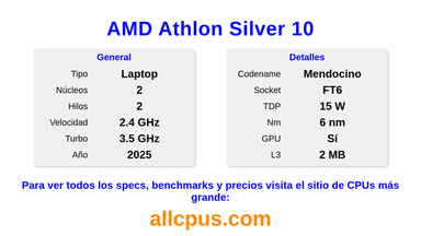 AMD Athlon Silver 10 Especificaciones y benchmarks de la CPU