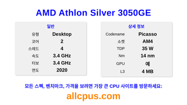 AMD Athlon Silver 3050GE CPU 사양과 벤치마크
