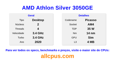 AMD Athlon Silver 3050GE Especificações e benchmarks da CPU