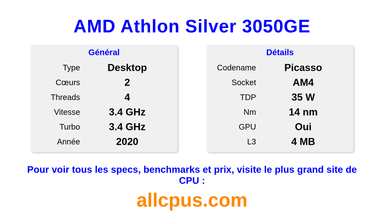 AMD Athlon Silver 3050GE Spécifications et benchmarks du CPU