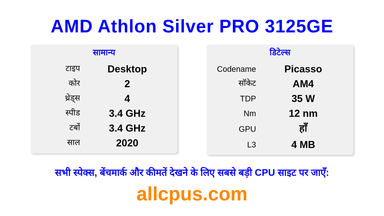AMD Athlon Silver PRO 3125GE CPU की स्पेसिफिकेशन और बेंचमार्क